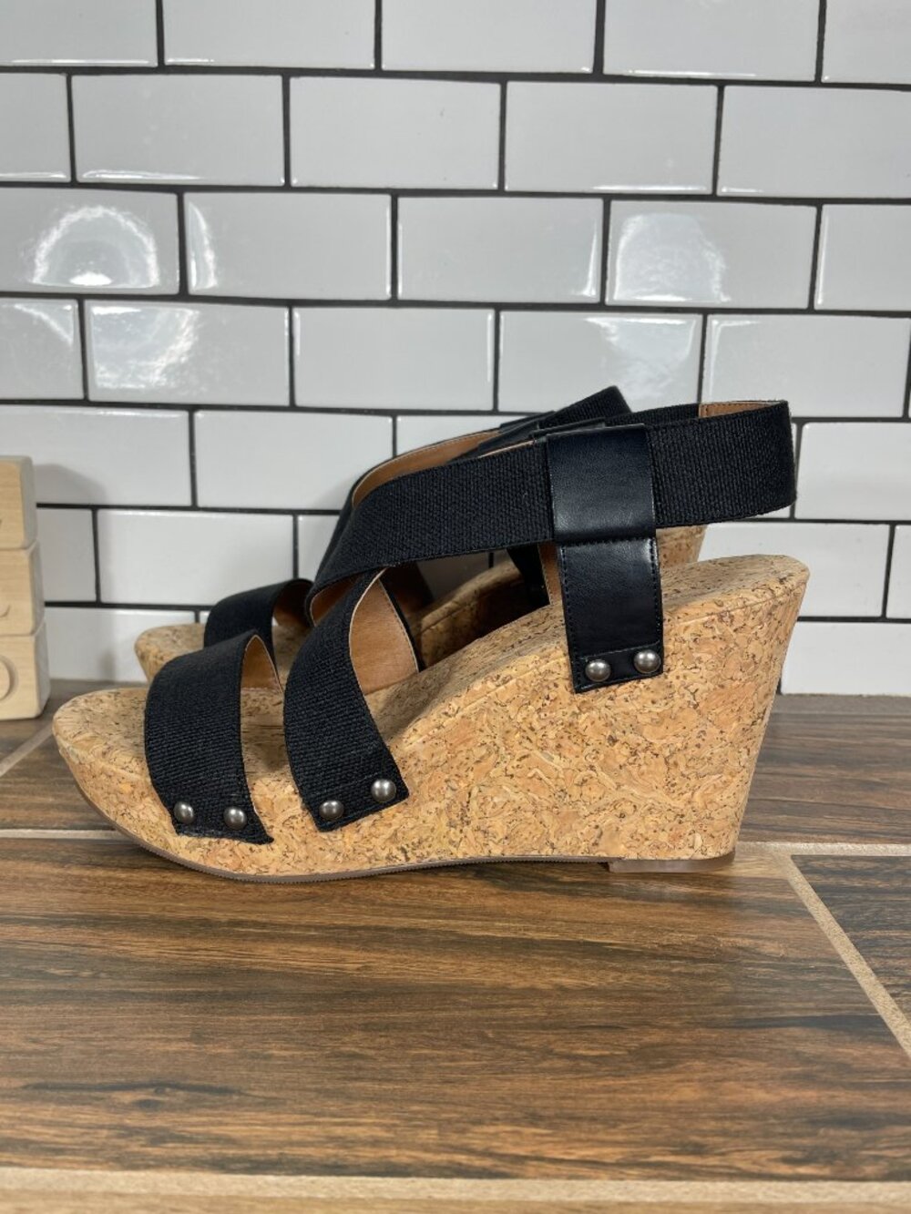 Lucky Brand Marla Shoes Womens 9.5 Black Open Toe Cork Wedge Strappy Sandals